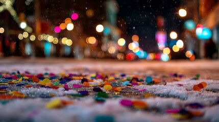 Colorful confetti scattered on snowy ground during nighttime celebration, New Year or Christmas concept 