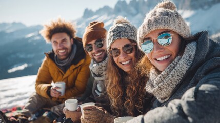 Group of friends smiling while enjoying coffee in snowy mountains resort 