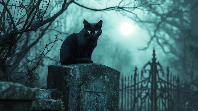 A spooky black cat with raised fur and glowing emerald eyes sitting on a broken gravestone deep within a fog-filled graveyard, full moon illuminating twisted branches and old iron gates.