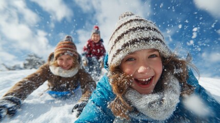Children smiling while sledding down snowy hill in winter  