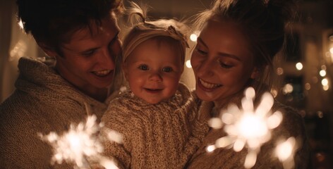 Happy family holding baby girl and celebrating New Year with sparklers at home