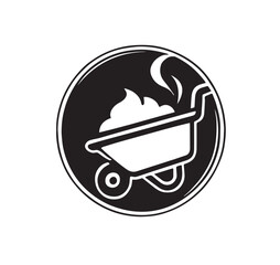 Black and white graphic icon of a wheelbarrow filled with compost or soil with steam rising vector