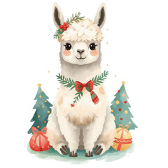 Alpaca with santa isolated on white