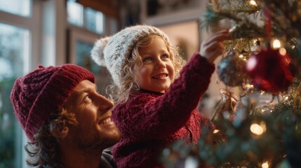 Father and daughter joyfully decorating Christmas tree at home 