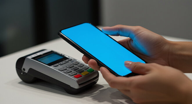 A person makes a contactless payment by holding a smartphone over a credit card terminal. Concept of NFC and mobile payment technology.