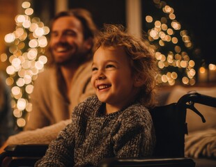 Child boy in wheelchair smiling joyfully with father indoors at Christmas  