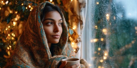 Young indian woman holding a cup of coffee and gazing out the window  