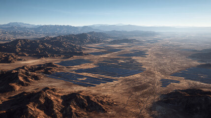 An aerial view captures a massive solar farm in a vast desert valley flanked by rugged mountains under a clear sky during sunrise or sunset