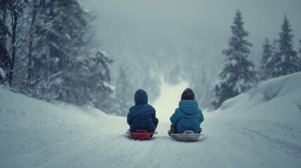 Back view of two children sledding down snowy hill in winter landscape  