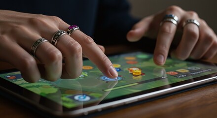 Hands interact with a digital tablet screen, highlighting modern business and technologyConcept of digital technology and business productivity