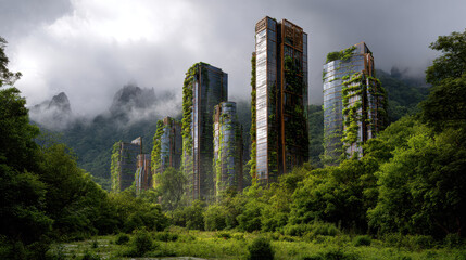 Obraz premium Urban expansion vs vegetation showcases striking contrast between modern architecture and nature resilience in lush landscape