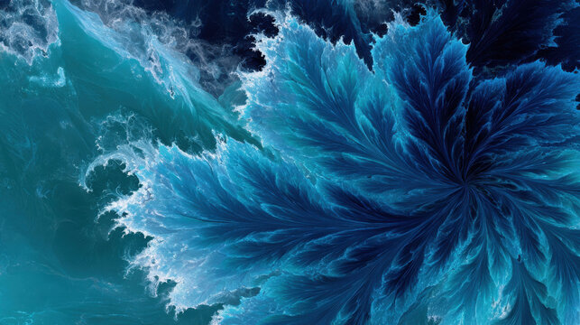 Experimental ocean design showcases vibrant blue hues and intricate patterns, creating mesmerizing visual experience that captivates viewer