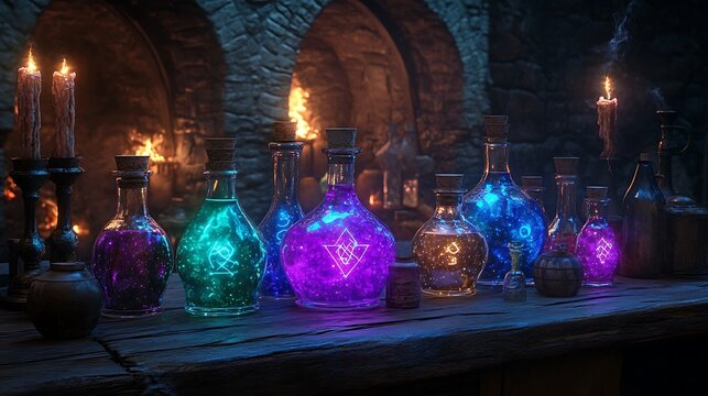 An alchemist's table filled with glowing potion bottles of glowing emerald, amethyst, and sapphire liquids. Ancient wooden surfaces, glowing runes etched into the table.