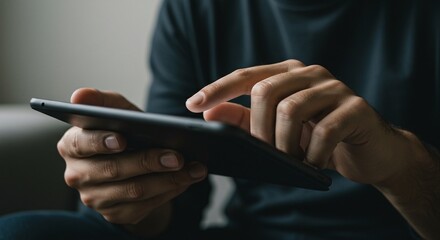 Hands hold and interact with a digital tablet screen, highlighting modern business and technologyConcept of digital technology and business productivity