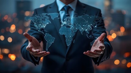 Business professional holding a glowing holographic world map symbolizing global connectivity and innovation.