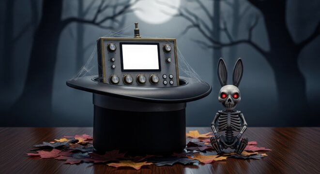 Magic hat with a vintage television and a skeleton bunny on a pile of leaves