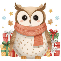 owl with gift box santa isolated on white