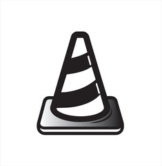 Black and white graphic illustration of a traffic cone with reflective stripes on a white background