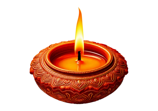 Traditional clay diya lamp with a warm flame isolated on a transparent or white background.