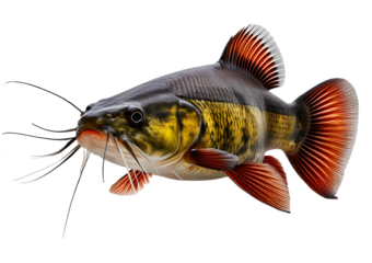 Vibrant catfish with distinct whiskers and colorful fins is displayed against isolated on a transparent or white background.