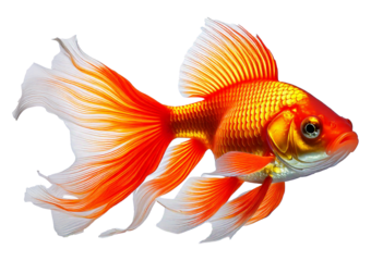Vibrant goldfish with flowing fins and bright scales swims gracefully against isolated on a transparent or white background.