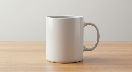 Obraz premium Blank Mug on Wooden Table in Minimal Studio Setting