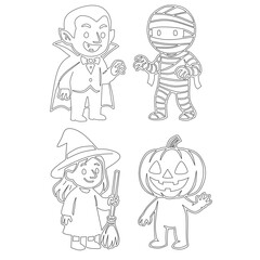 Cute Halloween Characters Illustration – Vampire, Mummy, Witch, and Pumpkin Man