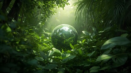 A lush green jungle with a transparent globe symbolizing environmental harmony and sunlight filtering through the dense foliage.
