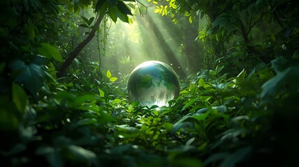 A lush green jungle with a transparent globe symbolizing environmental harmony and sunlight filtering through the dense foliage.