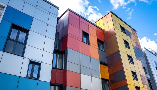 Colorful modern apartment building with varied paneling and windows against a blue sky