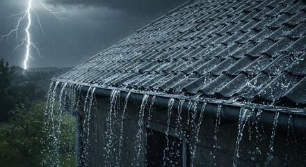 Heavy rain pours from roof during thunderstorm with lightning strike