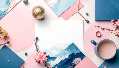 Pastel-Themed Workspace Flat Lay with Japanese Landscape Art