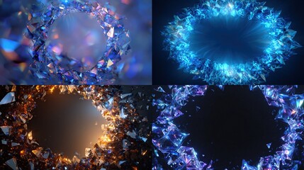 and keywords for the image, based on your requirements

 Crystal Ring of shards shimmering in blue, orange, violet, cyan abstract designs