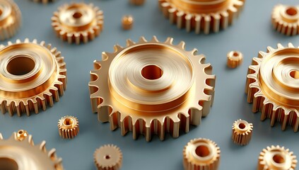 Golden gears arranged on a blue surface metal mechanical