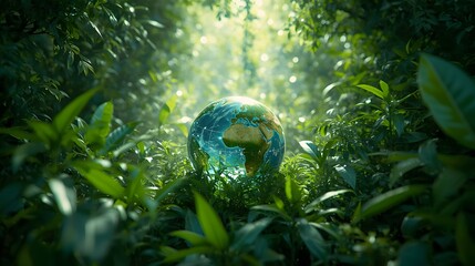 A lush green jungle with a transparent globe symbolizing environmental harmony and sunlight filtering through the dense foliage.
