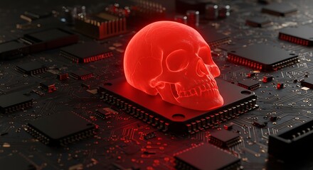 Glowing red skull symbol on a computer circuit board representing a security threat