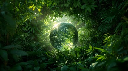 A lush green jungle with a transparent globe symbolizing environmental harmony and sunlight filtering through the dense foliage.