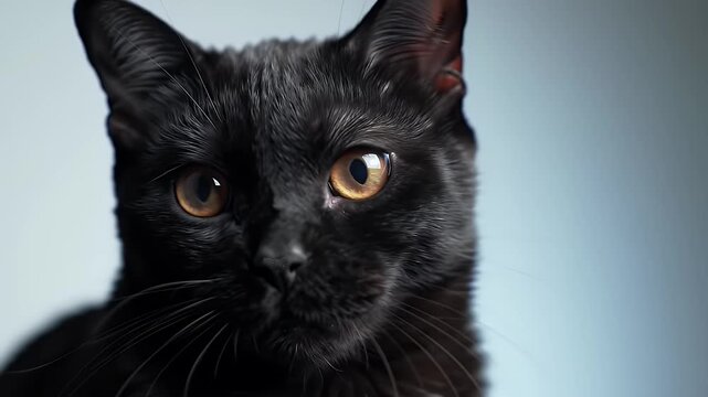 Striking Close Up of Wet Black Bombay Cat with Golden Eyes and Expressive Gaze on Gradient Blue Background Perfect for Pet Product Ads and Domestic Animal Campaigns