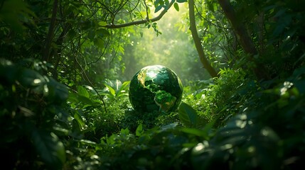 A lush green jungle with a transparent globe symbolizing environmental harmony and sunlight filtering through the dense foliage.