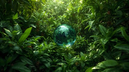 A lush green jungle with a transparent globe symbolizing environmental harmony and sunlight filtering through the dense foliage.
