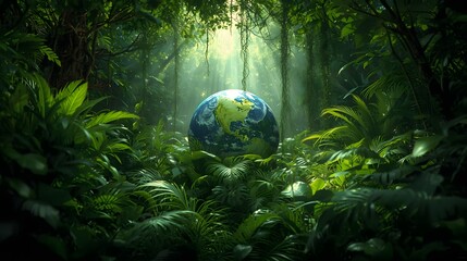 A lush green jungle with a transparent globe symbolizing environmental harmony and sunlight filtering through the dense foliage.