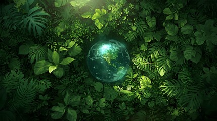 A lush green jungle with a transparent globe symbolizing environmental harmony and sunlight filtering through the dense foliage.