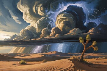 Desert Dunes Under a Brewing Thunderstorm with Lightning and Joshua Tree sand landscape