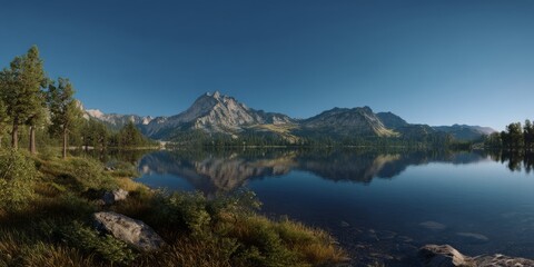 Naklejka premium Majestic mountain reflection scenic lake hdr panorama nature serene view