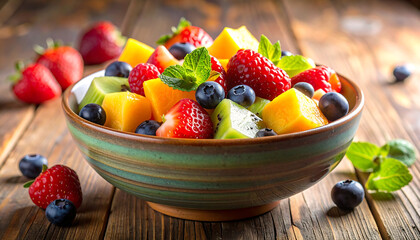 Organic Mixed Fruits in Rustic Bowl for Healthy Eating Concept