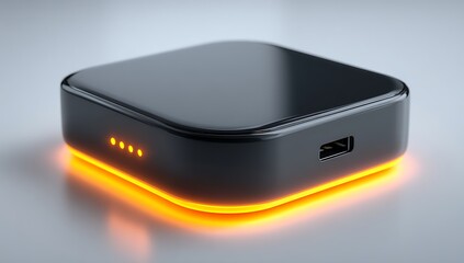 Sleek black electronic device with orange glow and indicator lights square