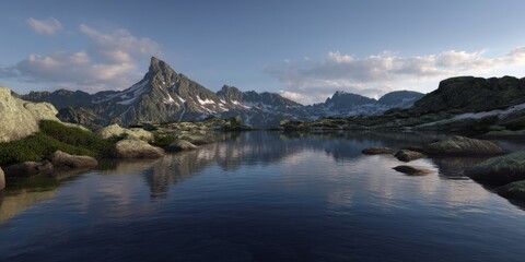 Panoramic hdr landscape reflection of mountains and lake at sunrise