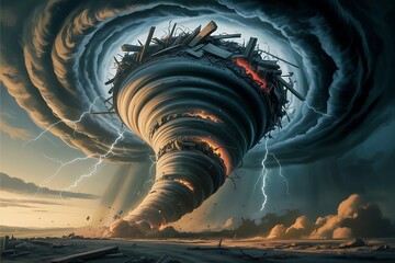 Massive tornado filled with debris and lightning strikes over a desolate landscape hurricane storm