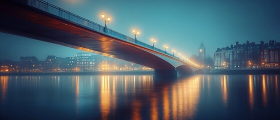 Fototapeta premium Foggy city bridge night scene. Website banner