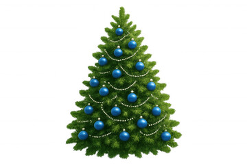 Christmas tree decorating with blue balls and pearl garland, celebrating winter holidays, transparent background